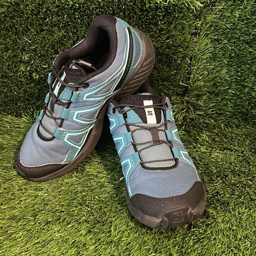 Salomon Speed Cross Trail Running Shoes Sz 2 Youth 471238 Black Aqua Blue